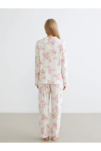 LC Waikiki Ecru Shirt Collar Floral Women's Pajama Set