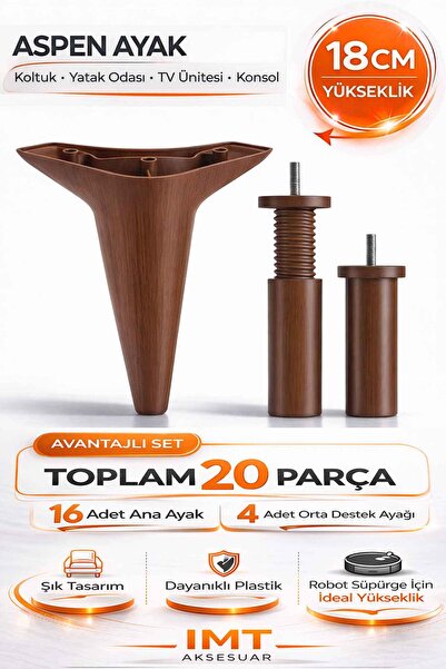 İMT AKSESUAR Aspen 18 cm Ceviz 20 Adet Mobilya Ayağı Robot Süpürgeye Uyumlu K...