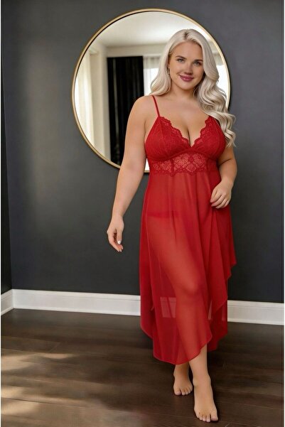 ANWELLA Plus Size Long Lycra Transparent Sexy Tulle Nightgown