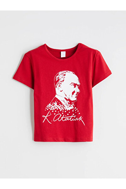LC Waikiki Red Crew Neck Ataturk Printed Girls' T-Shirt