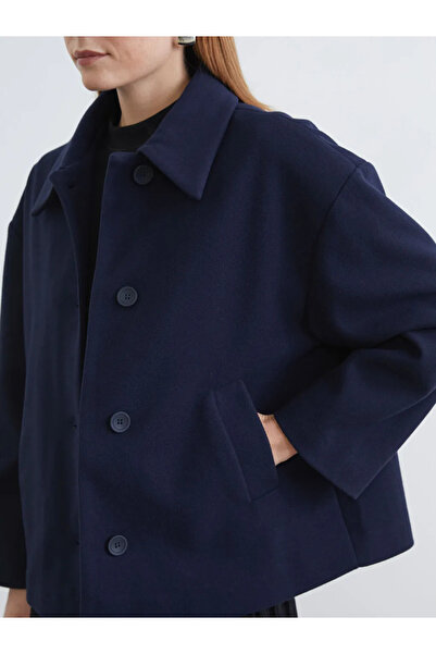 LC Waikiki Navy Blue Shirt Collar Oversized Women's Cashmere Coat