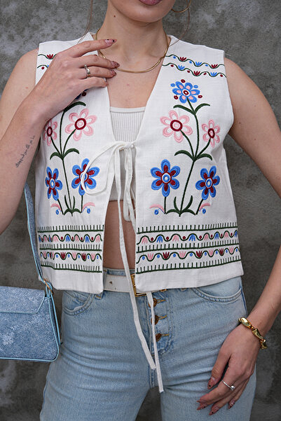 FancyWorld Етнически мотив, бродерия с цветя, памучна жилетка