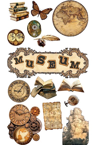 LIMITED Vintage Müze Konsept Sticker 22x30 cm – Retro Dünya Haritası, Kitap, ...
