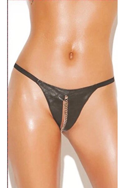 Kadın Fantezi Deri Görünümlü Zincir Detaylı String Tanga Külot Siyah S/M - L/XL Beden