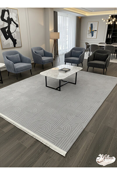 Konak Halı Modern Salon Halısı Açık Gri Emboss Kabartmalı Saçaklı Kaymaz Taban
