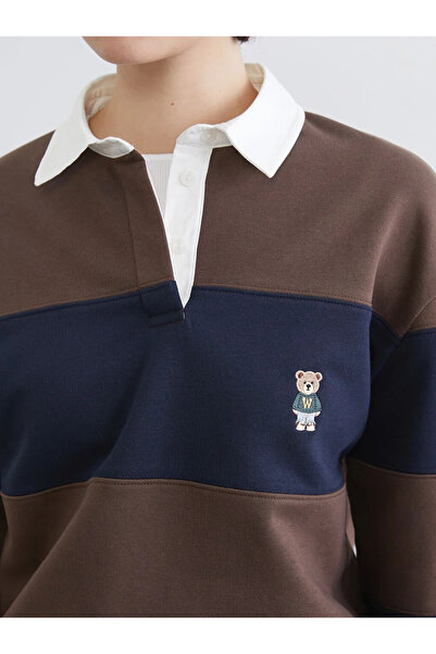 LC Waikiki Navy blue polo neck women's thick sweatshirt with bear embroidery