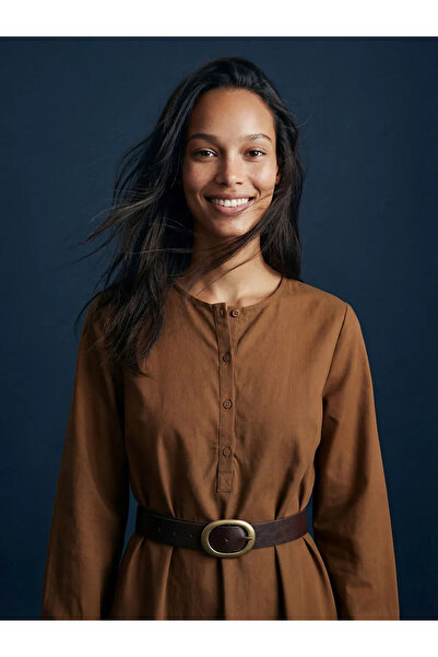 LC Waikiki Brown Crew Neck Belted Dress