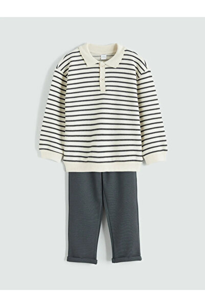 LC Waikiki Beige Striped Boys' Sweatshirt and Sweatpants