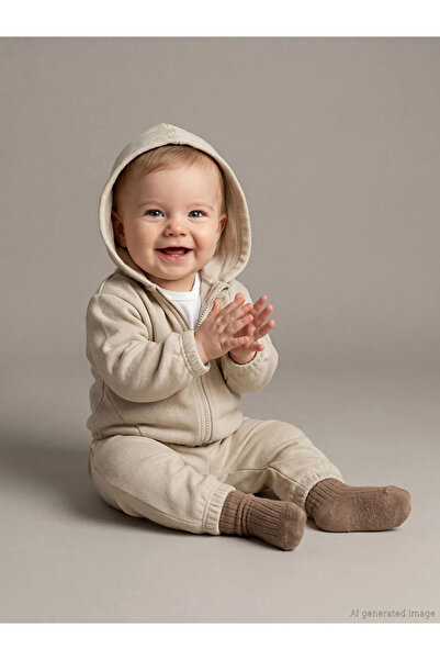 LC Waikiki Bej Kapüşonlu Erkek Bebek Eşofman Takımı