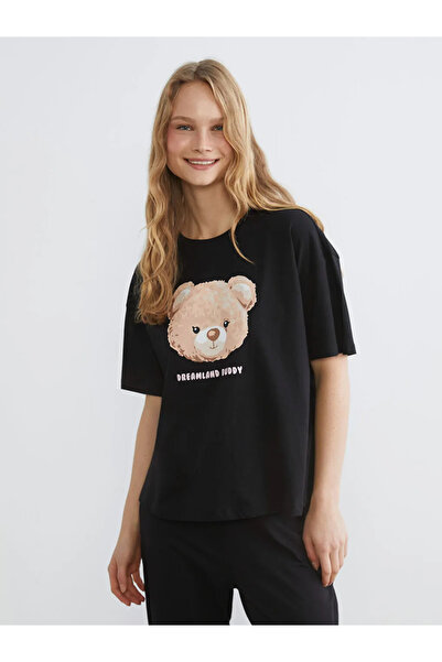 LC Waikiki Black Crew Neck Bear Printed Women's Pajama Set