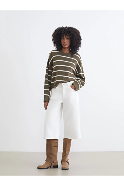 LC Waikiki Khaki Crew Neck Striped Oversized Women's Knitwear Sweater