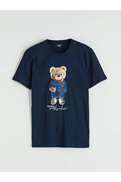 LC Waikiki Navy Blue Standard Fit Bear Teddy Printed Men's Pajamas Set