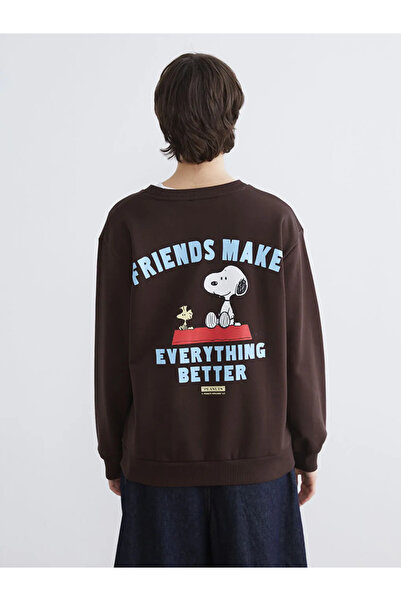 LC Waikiki Brown Snoopy Printed Oversize Women's Thick Sweatshirt