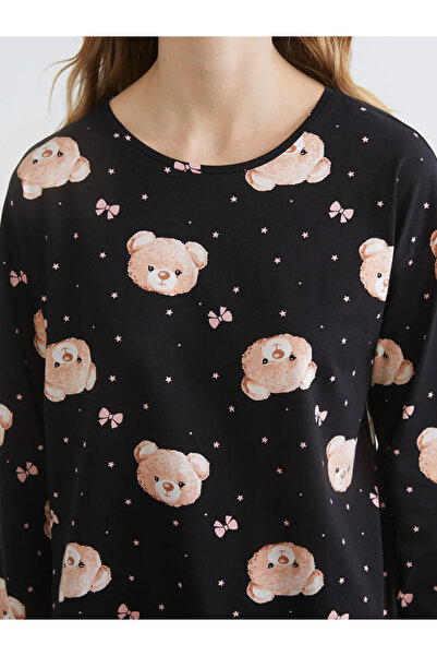 LC Waikiki Μαύρο σετ γυναικείων πιτζάμες με στάμπα Bear Crew Neck