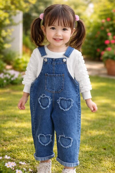 AYDEDE KİDS Kalp Aplikeli Kız Çocuk Kot Salopet Takım (Bluz Dahil)