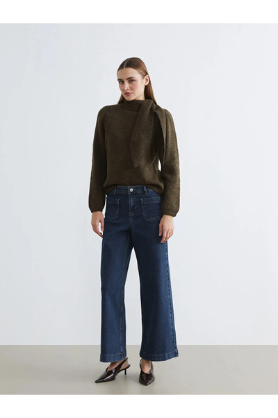 LC Waikiki Khaki Turtleneck Women's Knit Sweater with Tie Detail