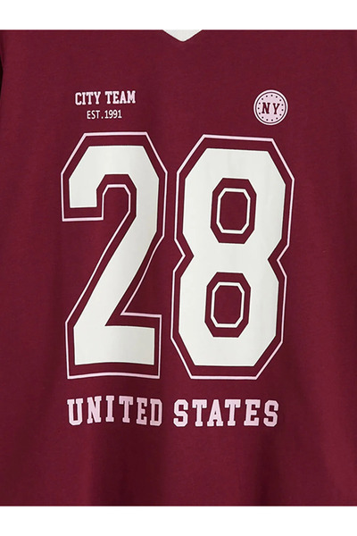 LC Waikiki Burgundy V-Neck Nyc Printed Oversized Women's T-Shirt