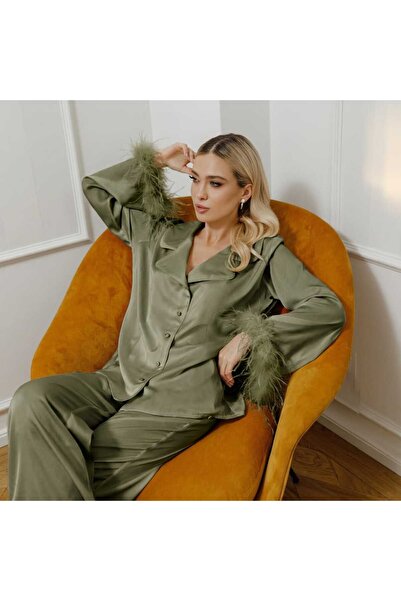 VELİNA GROUP Khaki Satin, Long-Sleeved Pajama Set, with Goose down Detail.