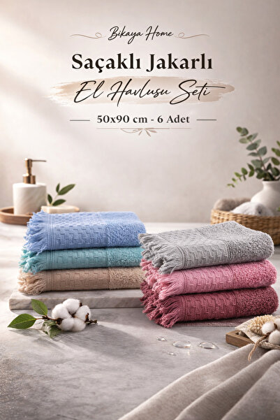 Bikaya Home Luxury Fringed Jacquard Hand Towel Set |   6 Pieces |   50X90 cm ...