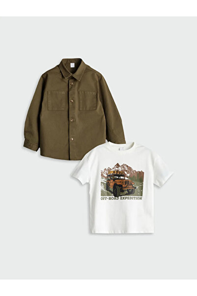 LC Waikiki Green Boy's Gabardine Shirt and T-Shirt