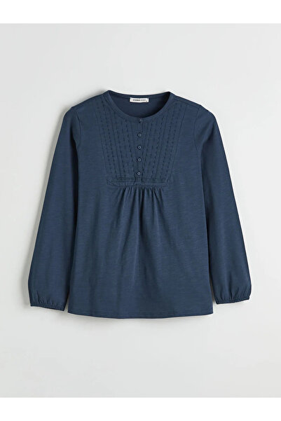 LC Waikiki Navy Blue Crew Neck Embroidered Blouse