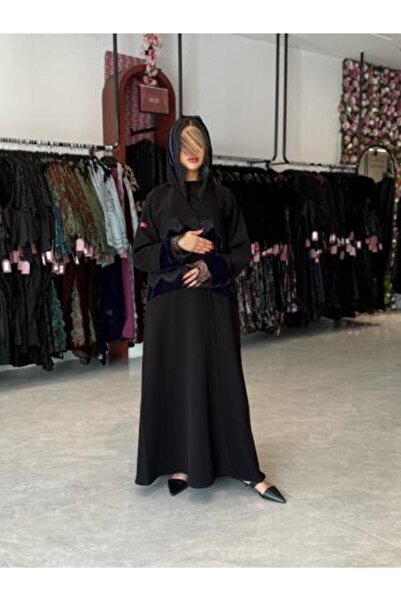 GENRAL Abaya D 718 - Royal Fabric with Velvet Inserts - Navy Blue