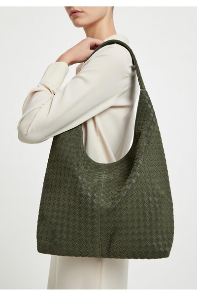 themoiss The Moiss Khaki Green Color Suede Fabric Knitted Textured Casual Lar...