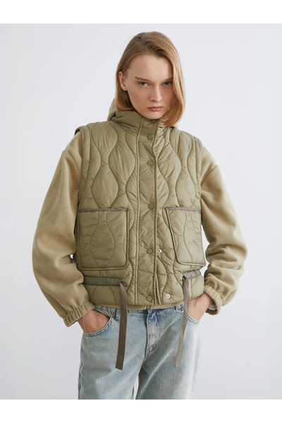 LC Waikiki Khaki Mock Neck Quilted Oversized Women's Puffer Vest