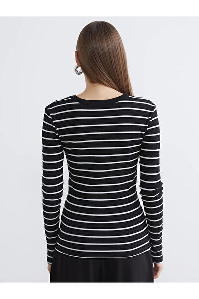 LC Waikiki Black Crew Neck Striped Women's Bodysuit