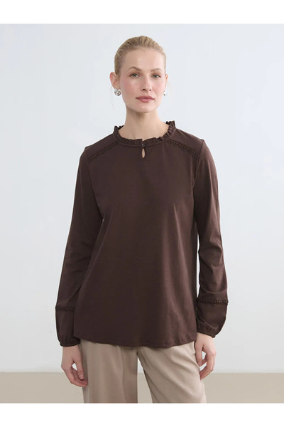 LC Waikiki Brown Crew Neck Embroidered Blouse