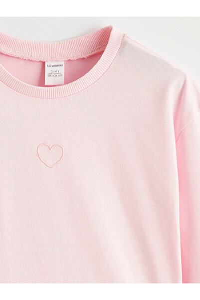 LC Waikiki Pink Crew Neck Embroidered Girl's T-Shirt