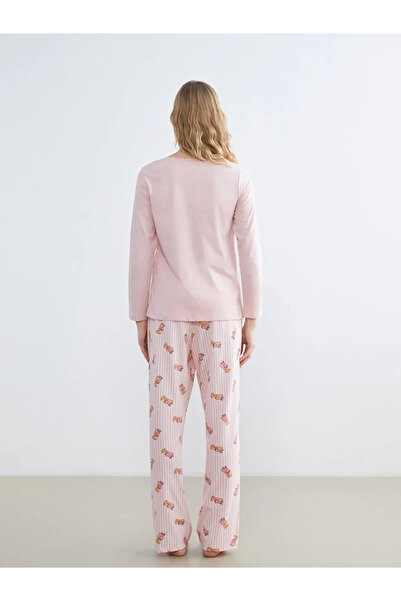 LC Waikiki Pink Crew Neck Bear Teddy Printed Women's Pajama Set