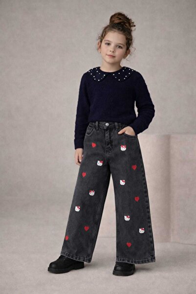 CHİCKİDSWEAR Girl's Washable Wide-Leg Embroidered Patterned Jean Trousers