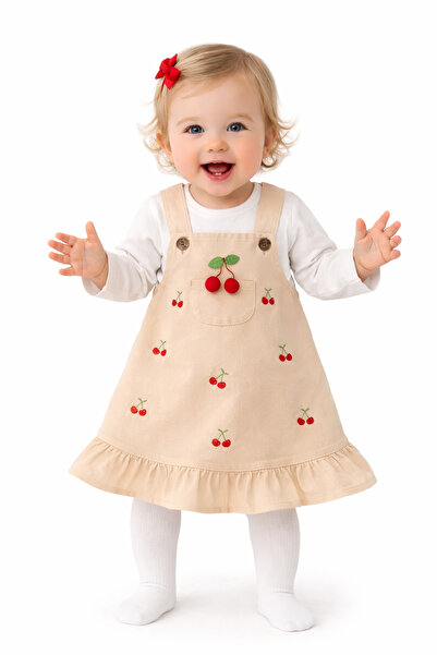 my koala Kız Bebek Keten Salopet Elbise Kiraz Detaylı, Uzun Kollu Bluzlu Takım