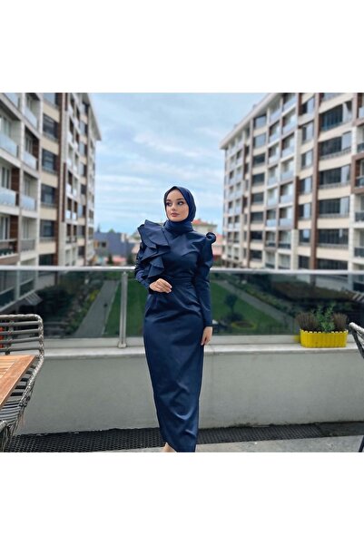 AYŞEYAMAÇLI KADIN LACİVERT ROSA TESETTÜR KALEM ABİYE ELBİSE