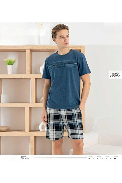 İpek Men's Short Sleeve Crew Neck Shorts Plaid Pattern 100% Cotton Pajama Set
