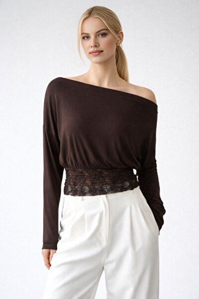 LOOSH Kadın Kahve Omuzları Açık Bel Dantel Detaylı Bluz