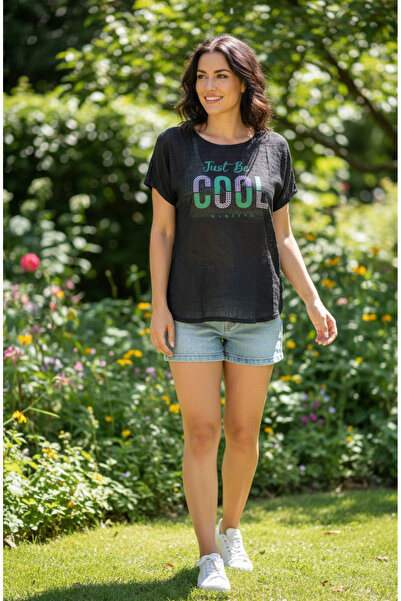 YusGos Crew Neck Lightweight Transparent Be Cool Printed Blouse T-Shirt