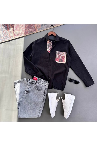 tiggir moda Men's Oversize Embroidered Linen Shirt and Jeans 2-Piece Set