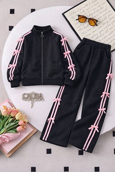 CALİSA Girl's Black and Pink Bow Detailed Tracksuit Set – Striped, Zippered, ...