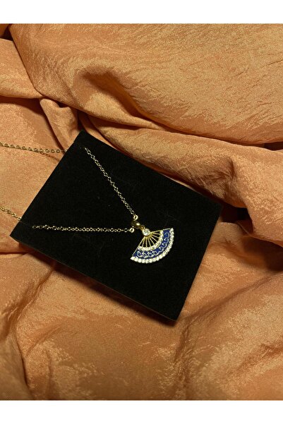 joyster قلادة على شكل مروحة مرصعة بالمينا باللون الأزرق الداكن والذهبي