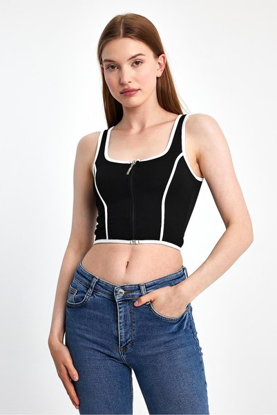 ihraç pazarı Front Zipper Contrast Ribbed Crop Tank Top – Stretchy Fabric, Modern and Trendy Design