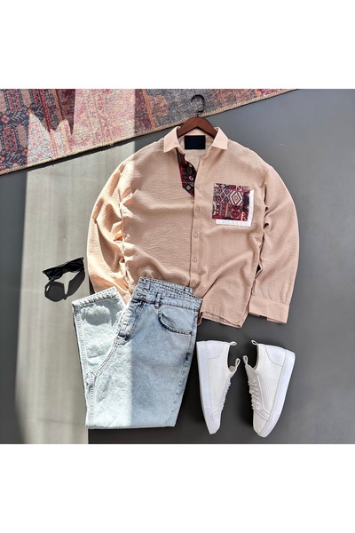 tiggir moda Men's Oversize Embroidered Linen Shirt and Jeans 2-Piece Set