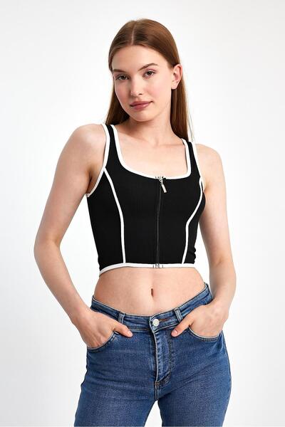 ihraç pazarı Front Zipper Contrast Ribbed Crop Tank Top – Stretchy Fabric, Modern and Trendy Design
