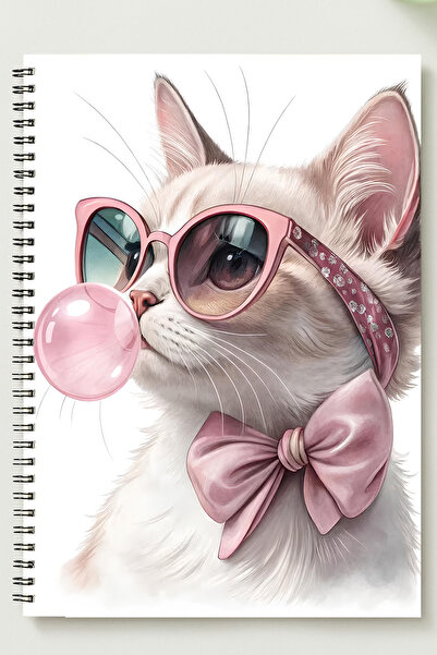 BLACKONECLASS SÜSLÜ KEDİ TEMALI A5 Metal Spiralli Çizgisiz kalın bristol Kapa...