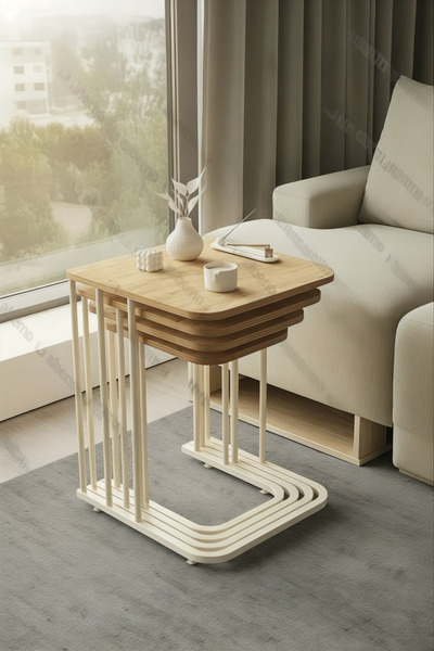 usta mekan Orkide Tekerlekli 4 Lü Zigon Sehpa Krem - Ceviz