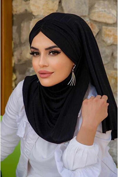Aişe tesettür Siyah Büzgülü Hazır Şal Eşarp