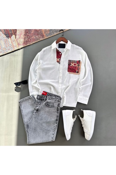 tiggir moda Men's Oversize Embroidered Linen Shirt and Jeans 2-Piece Set