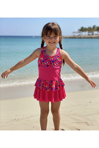 IŞILMAY Kız Çocuk Pembe Kelebek Desenli Fırfırlı Etekli Mayo Elbise