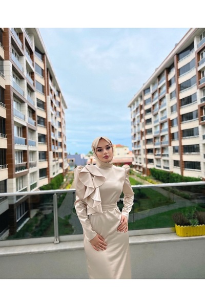 AYŞEYAMAÇLI KADIN BEJ ROSA TESETTÜR KALEM ABİYE ELBİSE